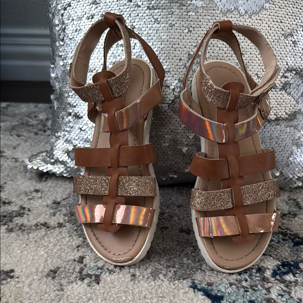 Rachel Zoe Brown and Gold Sandals with Intricate Straps